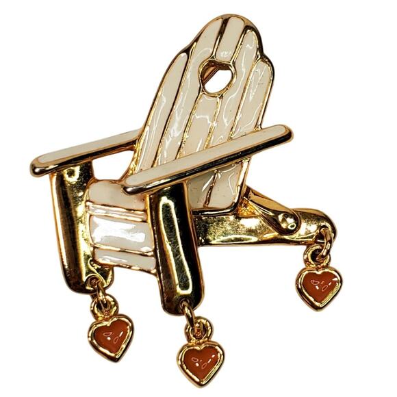 Vtg Enamel Beach Patio Chair Pin Dangle Hearts 2" Unsigned - Picture 1 of 4